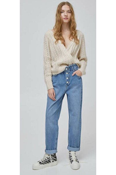 Hepsibitarz Kadın Mavi Önü Düğmeli Slouchy Jeans Denim Kot Orjinal Ithal Pant...