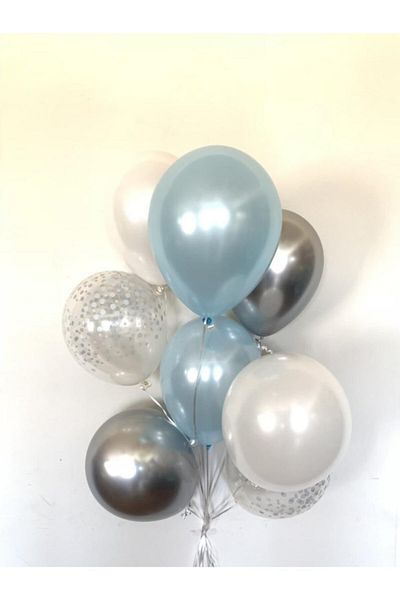 Ekin Süs Silver Patterned Balloon, Chrome Metal, Blue And White Balloon Harness