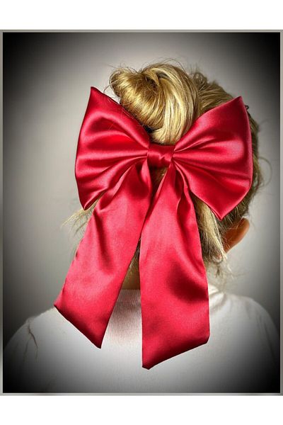 QUEEN AKSESUAR Large Luxury Satin Bow Red Automatic Clip Buckle Women And Children