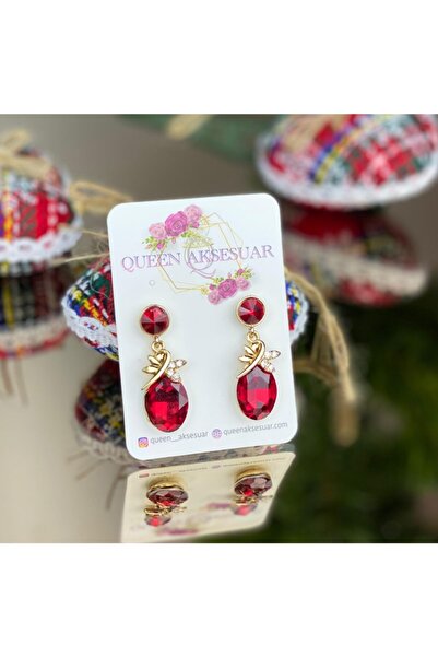 QUEEN AKSESUAR Özel Lüks Yakut Kırmızı Kristal Taşlı Altın Renk Yusufçuk Sarkıt Küpe