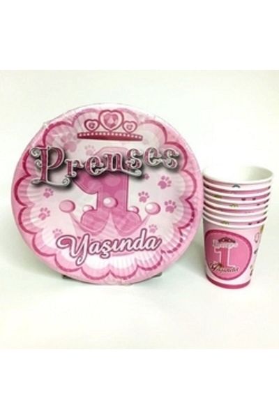 BALON PARTİ Pink 1 Year Old Plate and Cup