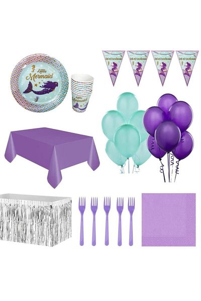 Parti Furyası Mermaid Themed Birthday Party Set+metallized Table Skirt for 16 People