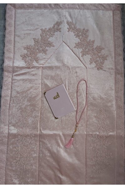 Lamazihome Pudra Fransız Dantelli Kadife Seccade 3 Parça Çeyizlik Bohça Gelin...