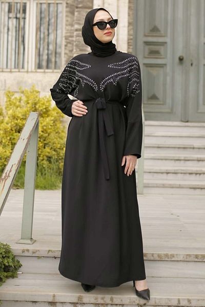 Neva Style - Rochie islamică neagră cu mărgele brodate 32290s