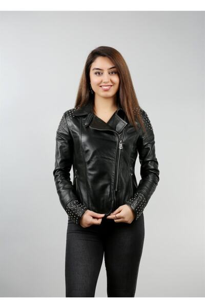 Franko Armondi Kadın Gerçek Deri Biker Spor Mont Trok Siyah BK-686-17633 FA1