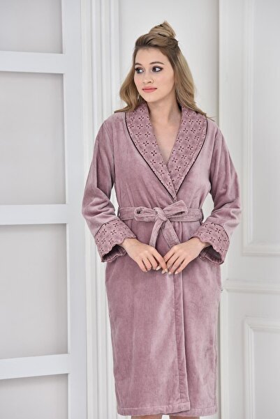 Ecocotton Ella Women's Bathrobe 100% Organic Cotton Embroidered Powder