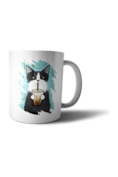 Bi Tıkla Gelsin Black Cat Drinking Coffee Illustration Printed Mug - Anı087