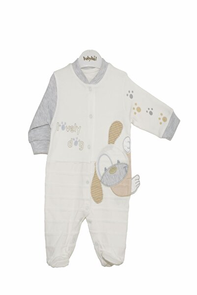 Babybal Unisex Bebek Beyaz Patikli Yavru Köpek Dokumalı Tulum