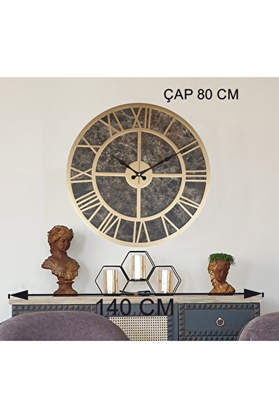 Markakanvas Mermer Desenli Büyük Boy Altın (gold) Renkli Duvar Saati Çap 80 Cm