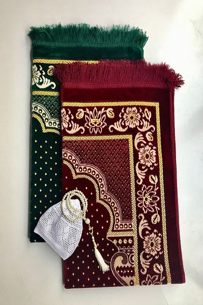 Kardelen Luxury Dodya Velvet Prayer Rug for Wedding, Engagement Bundles (Burgundy, Green), Rosary, Takke