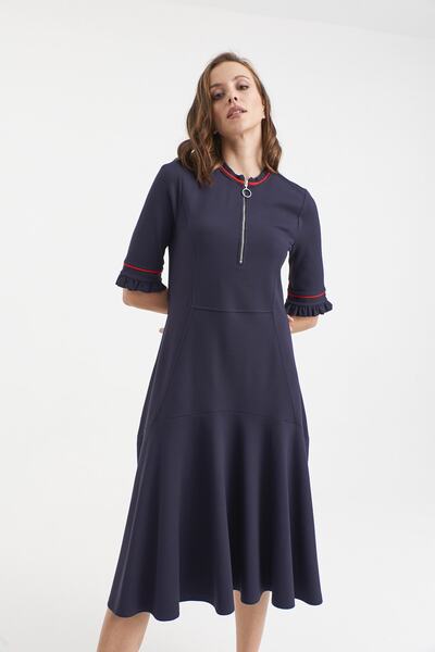 Hanna's by Hanna Darsa Kadın Lacivert Kırmızı Ara Biyeli Örme Kloş Örme Elbise