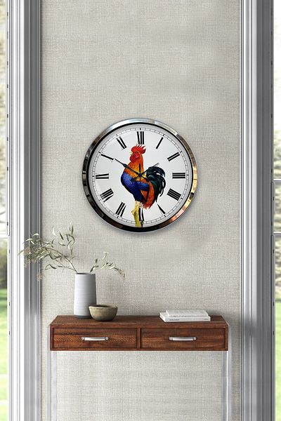 Kasva Concept Gift 40 cm Chrome Metal Rooster Wall Clock