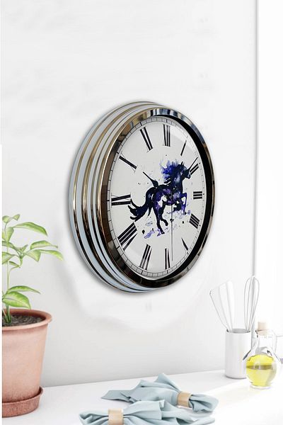 Kasva Concept Gift 40 cm Chrome Metal Horse Wall Clock