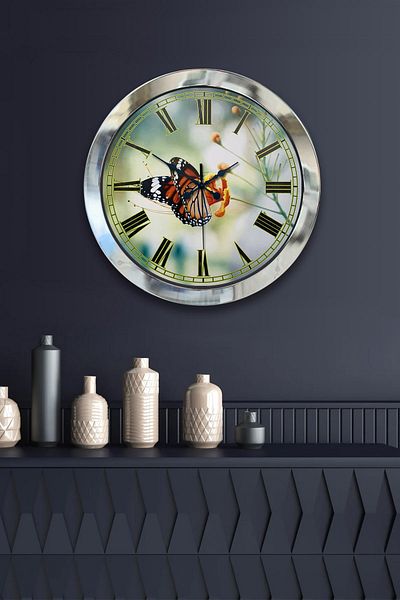Kasva Concept Gift 36 cm Chrome Metal Butterfly Wall Clock