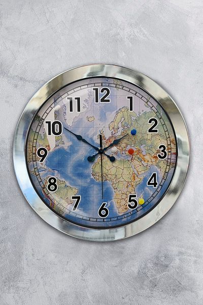 Kasva Concept Gift 36 cm Chrome Metal Map Wall Clock