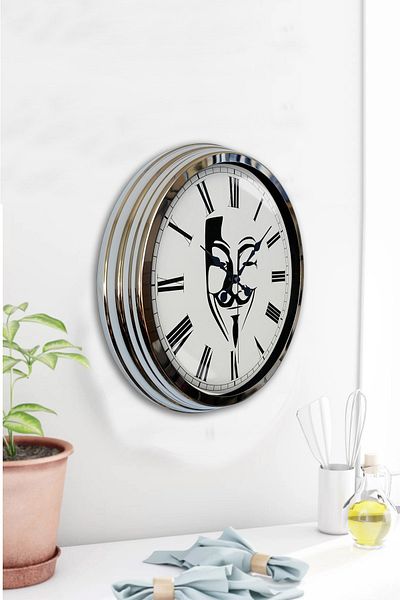Kasva Concept Cadou 40 Cm Ceas de Perete Mască Metal Cromat