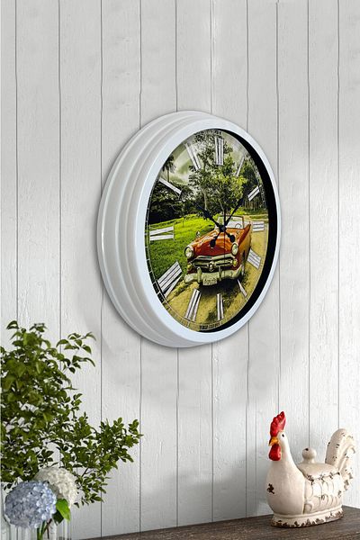 Kasva Concept Gift 40 cm White Metal Classic Car Wall Clock
