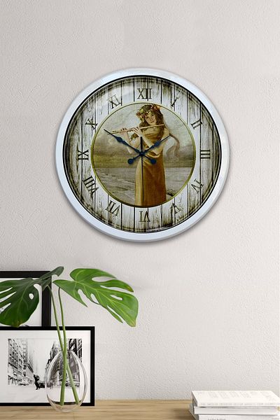 Kasva Concept Gift 40 cm White Metal Girl Playing Flute Wall Clock