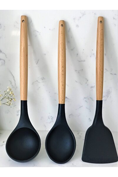 GalleonHome 3 Piece Kitchen Set Bamboo Silicone Ladle Spoon Spatula