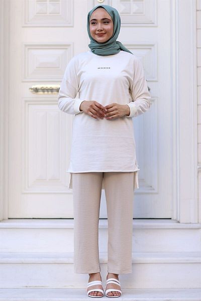 Moda Bu Huban Fashion Γυναικείο μπεζ ελαστικό στη μέση φαρδύ καλοκαιρινό παντελόνι Aerobin-865829 Aerobin-865829