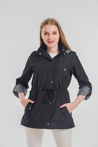 HEPSİKADIN Women's Black Water Repellent Hooded Trench Coat with Waist Drawstring Stripe Detail