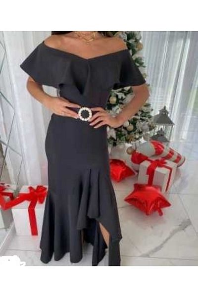Secret Passion Lingerie Μαύρο ελαστικό υφασμάτινο γιακά και φούστα με λεπτομέρεια βολάν με ζώνη με χαμηλό λαιμό μακρύ βραδινό φόρεμα 582034   666