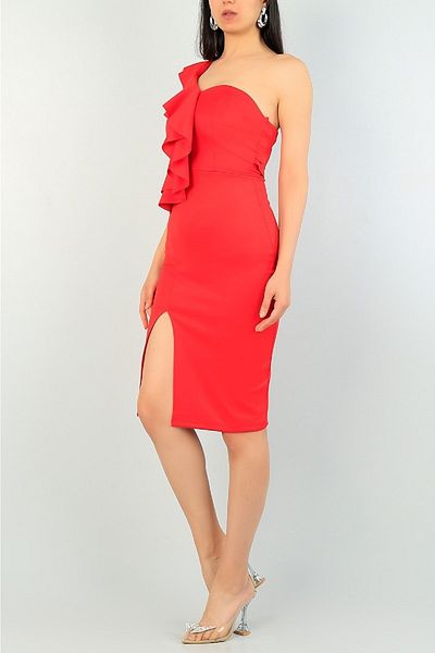 Secret Passion Lingerie Color One Shoulder Ruffle and Slit Detailed Red New Season Dress Red Invitation Dress