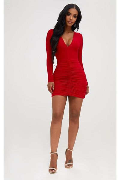 Secret Passion Lingerie Culoare Piept decoltat Snur Detaliat mânecă lungă Rosie Marime mini Rochie Noua Sezon 394