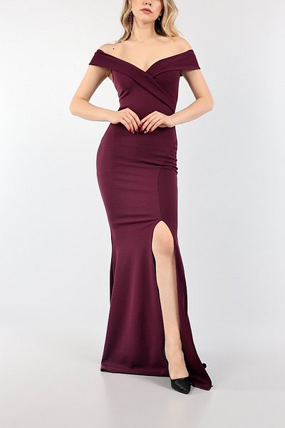 Secret Passion Lingerie Rochie de seară lungă, mov, cu decolteu Madonna și cu fantă - 667