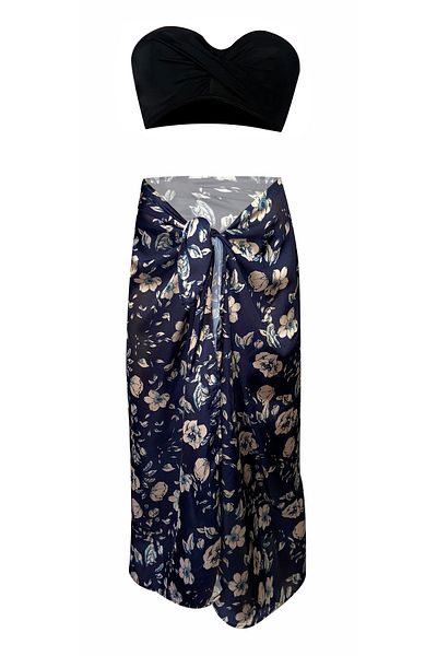 Bolder Avasatin Navy Blue Flower Pattern Satin Pareo