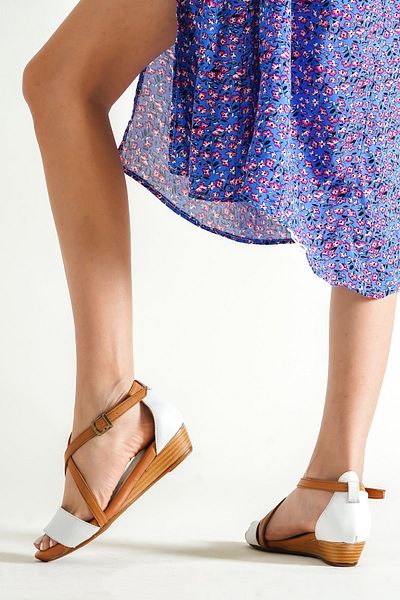 PASSAGE SHOES 6147 White Tan Wedge Heel Women's Sandals
