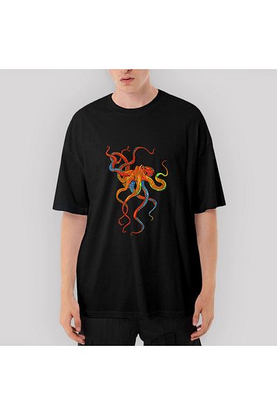 Z zepplin Octopus - Tricou negru supradimensionat, plin de culoare, Octopus