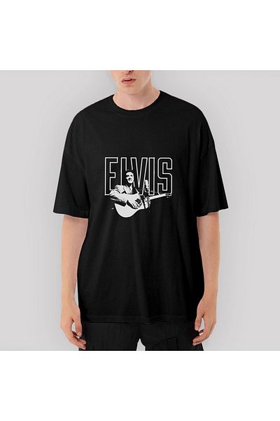 Z zepplin Elvis Presley Guitar Oversize Μαύρο T-Shirt