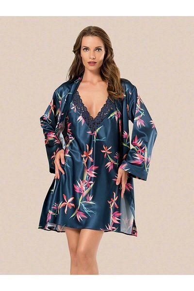 MOONGIRL Γυναικείο σετ νυχτικό φαντασίας Navy Blue Floral Satin