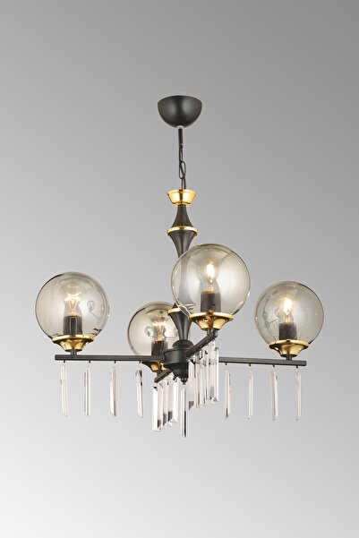 Genel Markalar Mevlana Siyah 5'li Füme Glop Camlı Lüks Yukarı Bakan Kristal Taşlı Avize