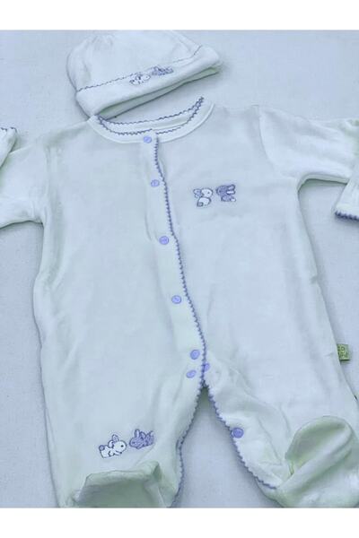 Eda Baby Albert Tavşan Nakışlı Patikli Şapkalı Kendinden Eldivenli Kadife Tulum