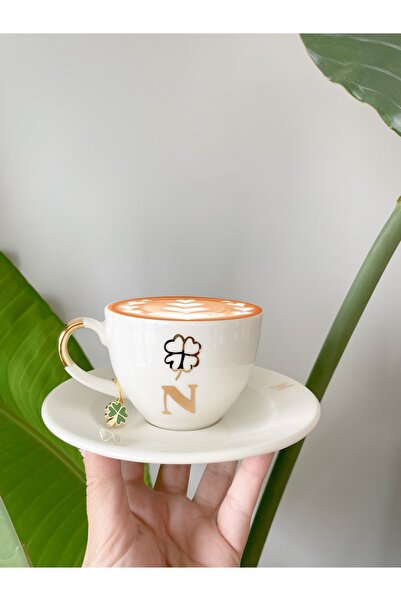 Mugtasarım 24k Altın Yaldızlı Yonca Küpeli Porselen Nescafe Fincanı N Harfi