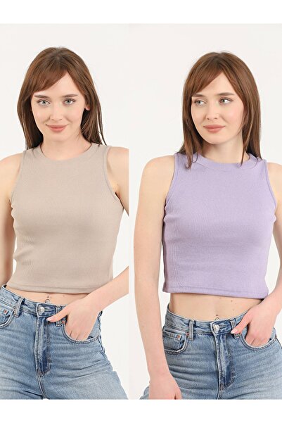 TİODES Bluză crop din 2 piese, cu guler halter, culoare nisipiu liliac, pentr...