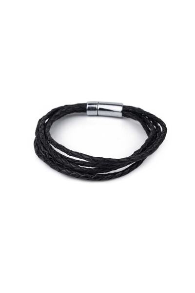 Polatex Ince Çoklu El Örgüsü  Hakiki Deri Bileklik Mıknatıs Kilitli - Siyah -...