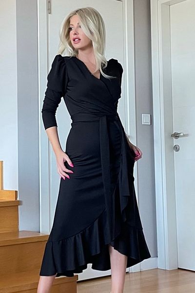 FancyWorld Rochie cu curea de lungime midi din țesătură creponată cu guler dublu de culoare neagră