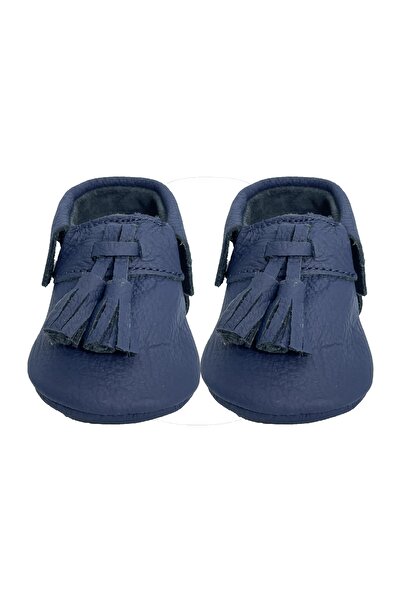 Evokids Hakiki Deri Lacivert Ponpon Detaylı Bebek Patiği