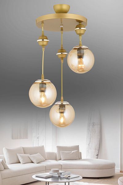 SONSUZ AYDINLATMA&AVİZE Pendant Lamp Tray Antiqued 3-Piece Bal Glop Top Glass Chrome Downward Facing Luxury Chandelier