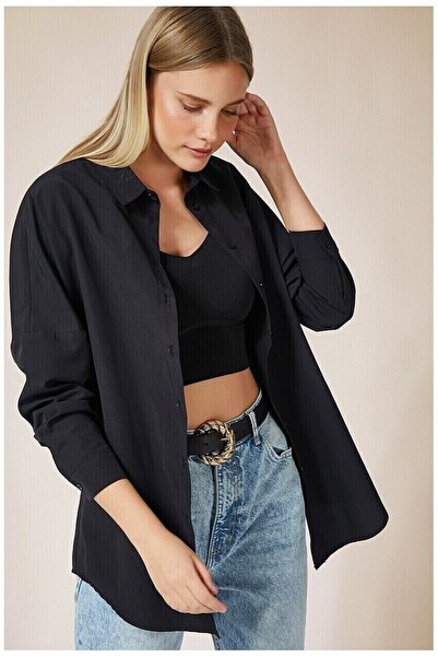 Buklemoda قميص أسود طويل أساسي نسائي