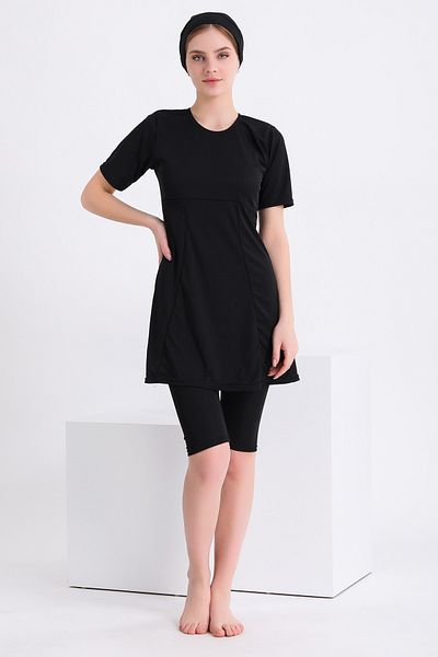 AYSU Half Sleeve Pieced Semi Hijab Swimsuit 7832 Black Plus Size