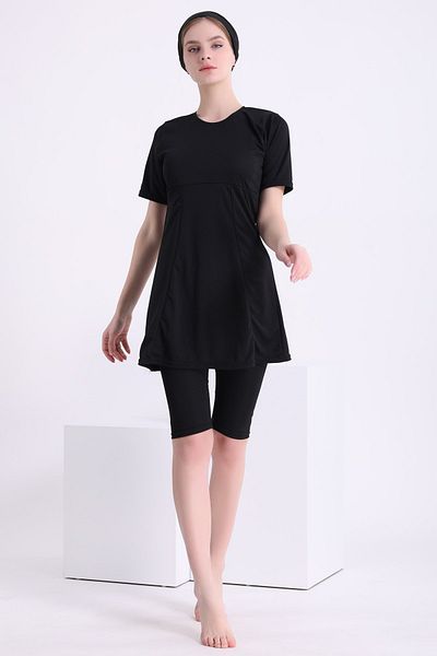 AYSU Half Sleeve Pieced Semi Hijab Swimsuit 7832 Black Plus Size