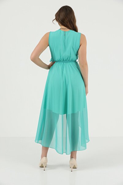 Ceylen Chiffon Double Breasted Collar Sleeveless Front Short Back Long Flared Dress