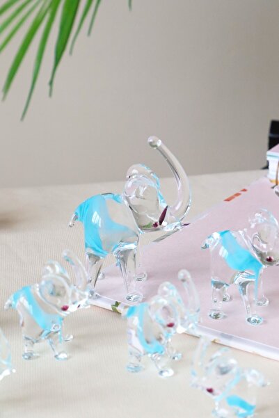 ADAMODART Mavi Renk Geçişli 7'li Fil Dekoratif Cam Biblo Seti