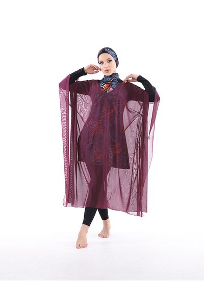vawensea Women's Hijab Swimsuit V Neck Kaftan Pareo Claret Red