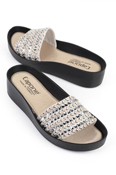 Capone Outfitters Capone 7517 Nut Silver Women's Single Strip Wedge Heel Slippers