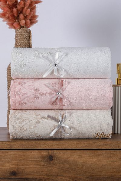 Softest 3 Pieces 3 Colors 50x90 Laced Ribbon Dowry Hand Face Bath Towels